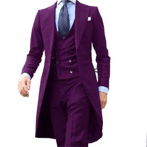 Costumes masculins Blazers Royal Blue Long Tail Coat 3 pièces pour hommes Set Fashion Groom Robe de soirée pour les vestes de balle de mariage avec pantalon Q240507