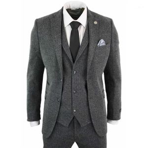 Costumes pour hommes Blazers Suit 3 photos Herringbone gris foncé laine tweed slim ajustement pour les vêtements de marié de mariage formels Blazer Vest260Z