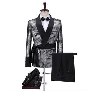 Costumes pour hommes Blazers Costume Designs Slim Shiny Silver Smoking Jacket Italian Tuxedo Dress Double Breasted 2 Pieces Men For Wedding Groom