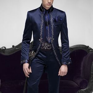Trajes de hombre Blazers hechos a medida bordado italiano azul marino hombres Slim Fit novio Prom Tuxedo 2 piezas chaqueta masculina marca de lujo JacketPant 221201