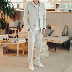 Men's Suits Business Casual Suit 2 Piece Chinese Vintage Style Men Wedding Embroidery Dress Clothing Blazers And Drawstring Pants