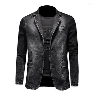 Trajes de Hombre Blazer de Mezclilla Traje de Ocio Negro Chaqueta de Jeans de algodón Vintage Abrigo Slim Fit Moda Outwear