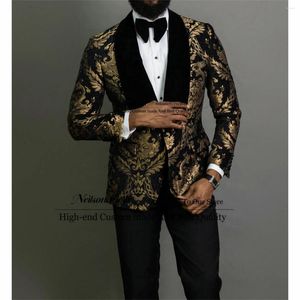 Costumes pour hommes Mode Golden Jacquard Mâle Prom Blazers Châle Revers Hommes 2 Pièces Ensembles Marié Mariage Tuxedos Slim Fit Terno Masculino