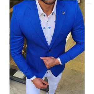 Costumes pour hommes Mode Veste Bleu Royal Pantalon Blanc Conception Hommes Pour Mariage Garçons D'honneur Tenue Slim Fit Blazer Pantalon Costume Homme 2 Pcs