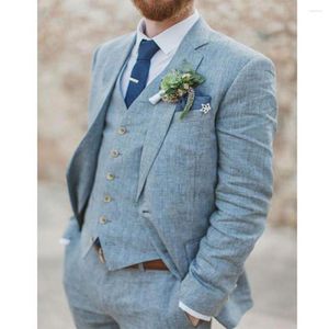 Costumes pour hommes Dernières conceptions de pantalon de manteau de mariage en lin bleu clair pour hommes Slim Fit Groom Blazer Veste de style personnalisé 3 pièces Tuxedo Ternos