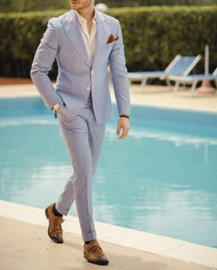 Costumes pour hommes Dernière conception Bleu clair Mens Tuxedos de mariage Groom Wear Business Party Prom Hommes Blazer Masculino Slim Fit (Veste Pantalon)