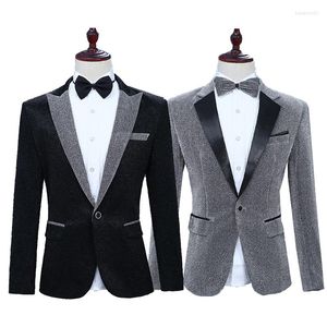 Costumes pour hommes hommes noir gris brillant soie spectacle costume Blazer scène vêtements affaires de mariage vêtements d'extérieur manteau veste SL1682