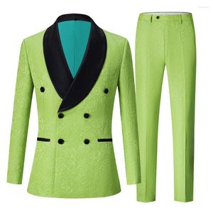 Trajes para hombres Hombres Hierba Verde Jacquard Negro Solapa Blazers Chaqueta Pantalones Casual Negocios Doble Botonadura Novio Boda Vestido Formal Traje 2PCS