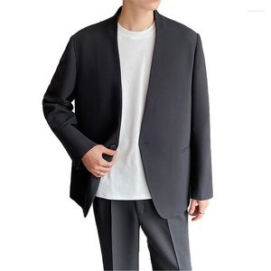Trajes para hombre, ropa de calle coreana Harajuku, moda de moda, sin cuello, con un solo botón, chaqueta de traje, chaqueta informal holgada para hombre, chaqueta