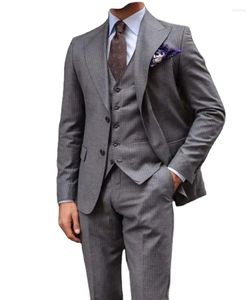 Hommes Costumes Hommes Costume Ensemble Haute Qualité Gris Rayures Veste Col Noir Blazers Pantalons Manteaux De Mariage Marié Élégant Vestes Homme Costume 3 Pcs