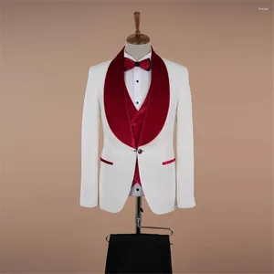 Costumes pour hommes, revers en velours rouge, Jacquard blanc pour mariage, 3 pièces, mode masculine, Blazer, gilet, pantalon, petit ami, marié, Tuxedos