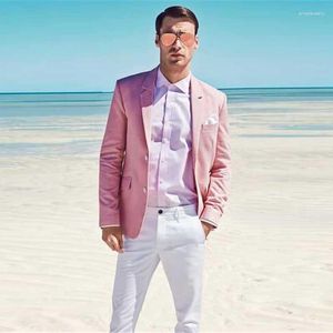 Suits para hombres Summer Beach Pink Linen Men for Wedding Tuit Groom Tuxedos Notched Lapa de 2 piezas Pantalones blancos Slim Fit Terno Masculino