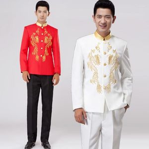Trajes para hombre, conjunto de traje túnica China bordado con cuello levantado blanco y rojo, últimos diseños de abrigo y pantalones para hombre con pantalones para novio de boda