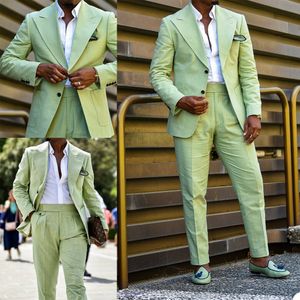 Trajes de lino de verano para hombre, esmoquin con solapa ancha de un solo pecho para traje de boda, pantalón Blazer, 2 piezas