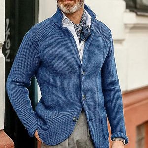 Veste de pull pour hommes, costume mince, col montant, pull tricoté, couleur unie, Cardigan décontracté avec poche, automne et hiver, 240111