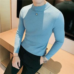 Suéteres para hombre, 10 colores, rayas verticales oscuras, Color sólido, medio cuello alto, suéter de punto, jerseys adelgazantes de manga larga para hombre