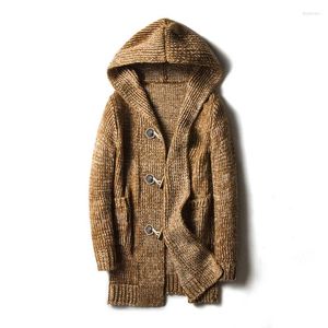 Suéteres para hombres 2024 Suéter de cárdigan con capucha de longitud media Botón de cuerno engrosado Abrigo casual grande