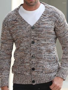 Suéteres para hombres Prendas de punto con estampado marrón Suéter de manga larga Hombres Bolsillos con cuello en V Chaquetas tipo cárdigan con botones Ropa de calle Suéter informal suelto
