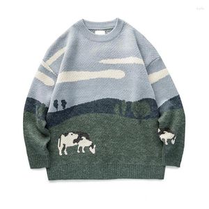 Pulls pour hommes Casual et frais multicolore couleur match tricots hiver style vache prairie paysage motif conception pull à col rond
