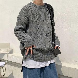 Suéteres para hombre, suéter de punto grueso, suéter gris de invierno con Cable, jersey de punto cálido de gran tamaño para hombre, Tops de lana 2022