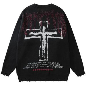 Men's Sweaters Vintage Sweaters Y2K Grunge Streetwear Hip Hop Ripped Hole Knitted Cross Punk Gothic Jumpers Fashion Harajuku Casual Pullover 230815