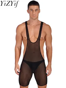 Maillots de bain pour hommes Mens See-Through Mesh Deep U Cou Body Lutte Singlet Fitness Shorts Combinaisons Lingerie Nightwear Nightclub