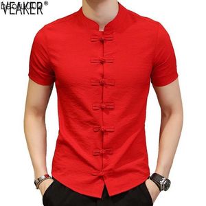 T-shirts hommes 2021 Nouveaux hommes Chinois Vintage Chemise Mandarin Col Slim Fit Manches courtes Coton Lin T-shirt Blanc Rouge Noir Casual Tops W0322