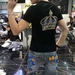 T-shirts pour hommes Nouvelle couronne strass personnalité mince mode d'été technologie lourde coton mercerisé haute qualité mâle top vêtements noir blanc m-4xl