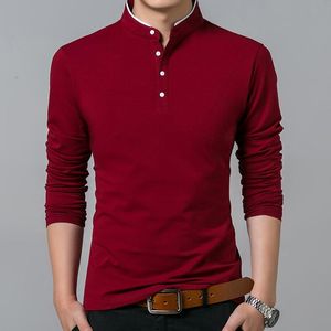 Camisetas para hombre 2022, camiseta de verano y primavera, camiseta de algodón para hombre, camiseta de manga larga, camisetas de Color sólido, cuello mandarín largo