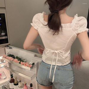 Camisetas para hombres 2022 Vintage Kawaii Blusas Mujeres Puff Manga Shirring Camisa blanca para niña Verano Moda coreana Estilo Preppy Sexy Crop Top