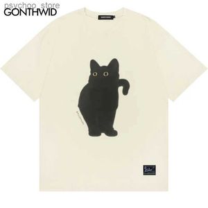 T-shirts hommes 2023 Harajuku Tshirt Hip Hop Mignon Chat Noir Graphique Imprimer Streetwear T-shirts Hommes Femmes Mode D'été À Manches Courtes Coton Top Q240130