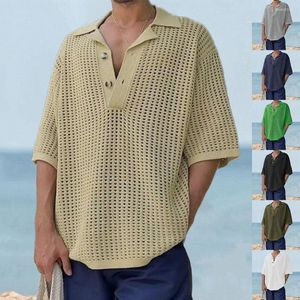 Camisetas para hombre 2023, suéter de punto con solapa suelta a la moda para hombre, diseño de malla de Color sólido, Polo transpirable, tendencia informal, temperamento versátil