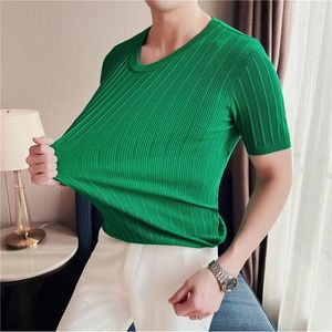 Hommes t-shirts 2023 été rayé tricoté T-Shirt hommes mode coréenne à manches courtes Slim Fit col rond décontracté affaires pull