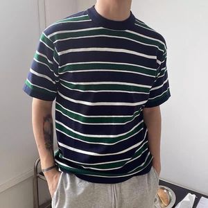 Camisetas para hombre, camisa fina de rayas oscuras de verano 2023, ropa para hombre, camisetas elásticas ajustadas de manga corta con cuello redondo, camisetas que combinan con todo M65