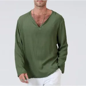 T-shirts pour hommes 2024 lin à manches longues en coton solide col en V T-shirt décontracté chemise de yoga ample hawaïen S-4XL