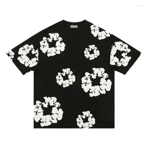 Camisetas para hombre 22SS, camisa con estampado de flores de espuma lavada para hombre y mujer, camisetas de algodón de talla europea de alta calidad, ropa Hippie de moda de verano