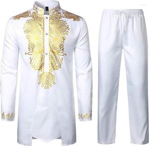 Camisetas para hombres Estilo africano Hombres jóvenes Oro Impreso Jersey 2pc Camisa larga Casual Slim Fit Top Pantalones Ropa Traje Árabe Stand Collar