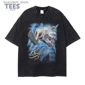 T-shirts pour hommes Anime Nika Luffy T-shirts Streetwear Vintage Washed One Piece T-shirt surdimensionné Harajuku Manga Kaidou Tops à manches courtes Tees Hommes L240304