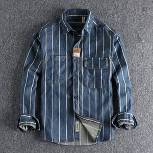 T-shirts pour hommes Automne Custom tissé rayé lavé utilisé chemise en denim style de travail pour hommes chemise de jeunesse tendance rétro américaine 230311