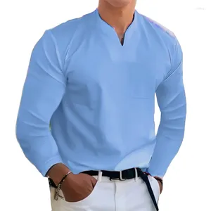 Camisetas para hombres Otoño con cuello en v Jersey Moda de primavera Color puro Formal 2023 Ropa para hombres Slim Tops de manga larga Camisetas Hombre Streewtear