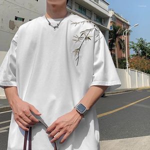 Camisetas para hombre, camisa bordada de bambú, ropa de calle Harajuku para hombre, camiseta de manga corta de verano, ropa informal holgada en blanco y negro