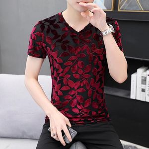 Camisetas de hombre Camisetas de terciopelo burdeos para hombre Camiseta de clarete de terciopelo Blusa Roja Acogedora Ropa elástica suave Trajes de club social Tops elásticos Hombres