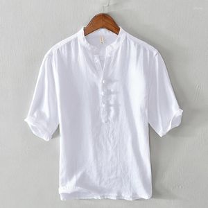 Camisetas para hombre, estilo chino, marca de lino, moda para hombre, camiseta holgada con cuello levantado, ropa con botones, Tops transpirables