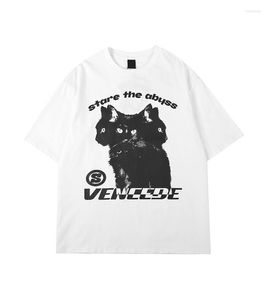 Camisetas de algodón para hombre, camiseta de manga corta con estampado de gatito Vintage americano de alta calidad y camiseta holgada versátil para amantes de la calle para mujer