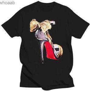 Camisetas para hombres Camiseta clásica creativa Mujeres Negro Natural Slim Girls Sexy Gold Bowknot Tacones altos Zapatos O-cuello Hiphop Tops Camiseta Mujer 240130