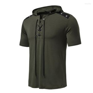 Camisetas para hombre, camisetas de manga corta con capucha de talla europea para hombre, camisetas informales de tendencia de moda de verano 2023 con cordones, camisetas grises verde militar, pulóver