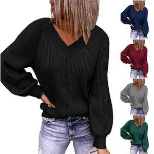 Camisetas para hombre, moda para mujer, pulóver holgado con cuello en V de Color sólido, blusa, suéter de punto informal, camiseta para mujer