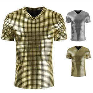 Camisetas de hombre Gold Silver Plaid Metallic Nightclub Wear Camiseta Hombres Sexy New Disco Party Stage Prom Camisetas Hombres Slim Fit V Neck Tee Shirt Homme