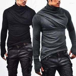 Hommes t-shirts haute rue plis gants à manches longues T-Shirt 2023 automne hiver solide col roulé chaud décontracté en plein air Streetwear