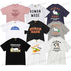 Camisetas para hombre Letras en inglés hechas por humanos Estampado de dibujos animados Camisetas sueltas de algodón flameado de manga corta T230524